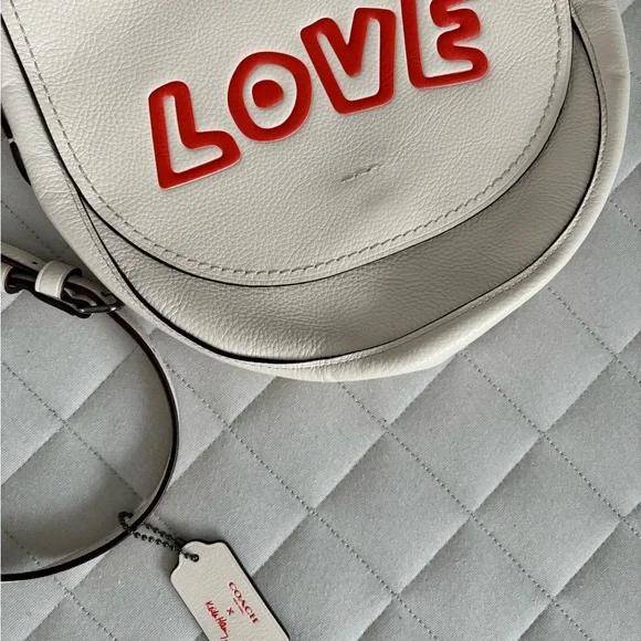 Coach White Crossbody Bag with Red 'LOVE' Accent (x Keith Haring)